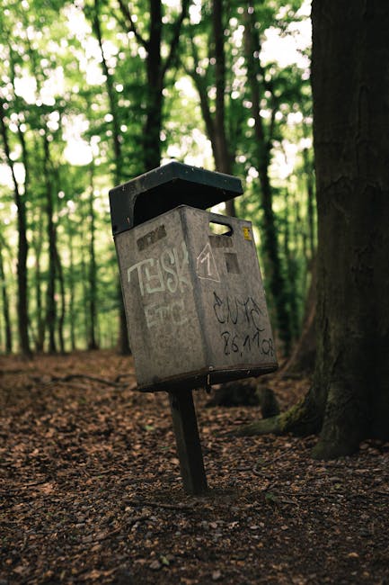 An outdoor scene showing scattered discarded cardboard boxes, some flattened and torn, with green and white printed branding, along with various paper and packaging debris strewn across a grassy area.